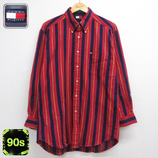 トミーヒルフィガー 90s 長袖シャツ レッドストライプ M | 古着 26aug26
