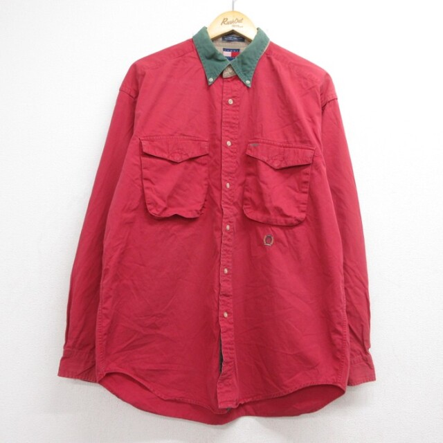 トミーヒルフィガー 90s 長袖シャツ フラップポケット レッド XL | 古着 26aug26