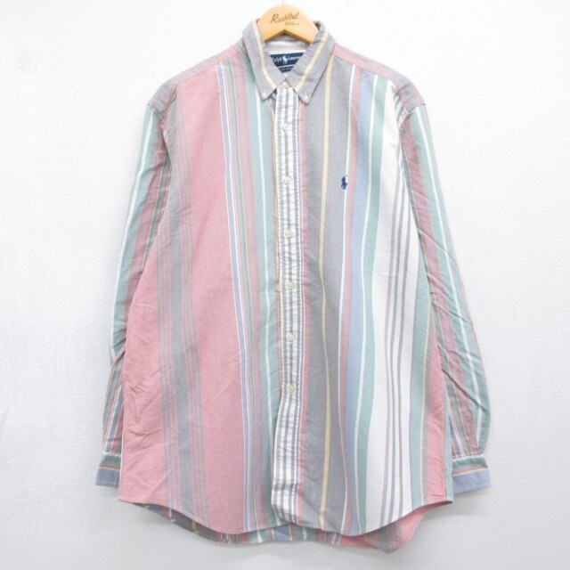 XL★古着 ラルフローレン Ralph Lauren 長袖 ブランド シャツ メンズ 90年代 90s 大きいサイズ コットン ボタンダウン ストライプ ピンク【spe】 26sep01