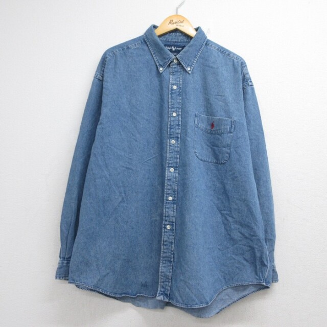XL★古着 ラルフローレン Ralph Lauren 長袖 ブランド シャツ メンズ 90年代 90s BIG SHIRT ポニー コットン ボタンダウン ネイビー デニム【spe】 26sep01