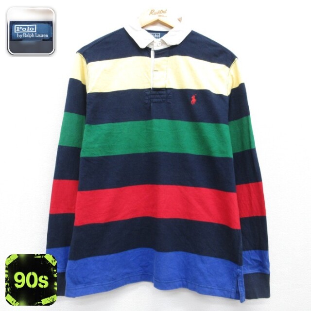 ラルフローレン 90s 長袖ラガーシャツ ポニー グリーンボーダー メンズM相当 | 古着