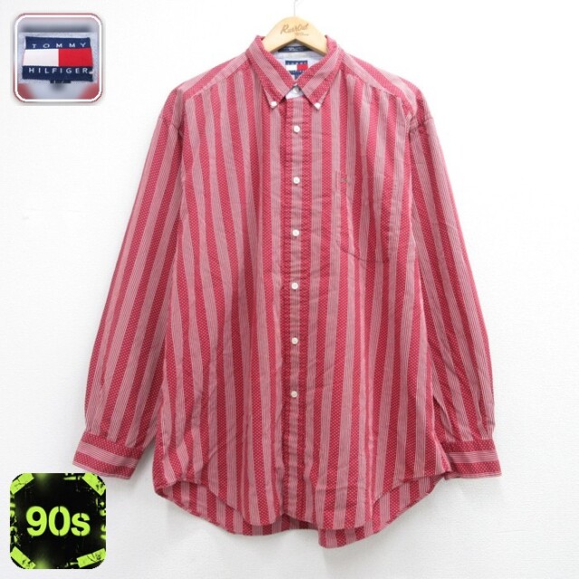 トミーヒルフィガー 90s 長袖シャツ ストライプ レッド メンズXL相当 | 古着