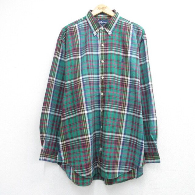 XL★古着 ラルフローレン Ralph Lauren 長袖 ブランド シャツ メンズ 90年代 90s 大きいサイズ ロング丈 コットン ボタンダウン グリーン チェック【spe】 26sep15