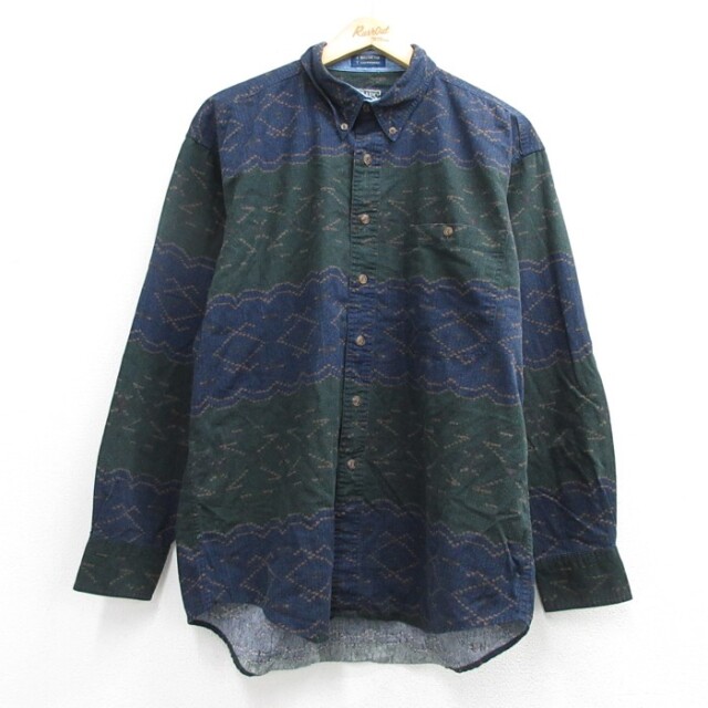 XL★古着 CHAPS 長袖 ブランド シャツ メンズ 80年代 80s コットン ボタンダウン 総柄 ネイビー【spe】 26sep15