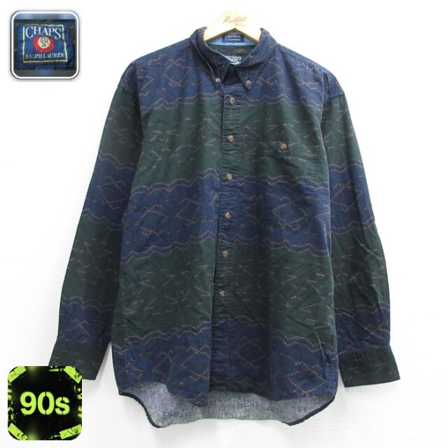 CHAPS 長袖 ブランド シャツ 80s コットン ボタンダウン 総柄 ネイビー メンズXL相当 | 古着