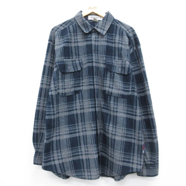 XL★古着 ノーティカ NAUTICA 長袖 ブランド シャツ メンズ 90年代 90s コンペティション ロング丈 フラップポケット フリース ポリエステル USA製 グレー チェック【spe】 26oct05