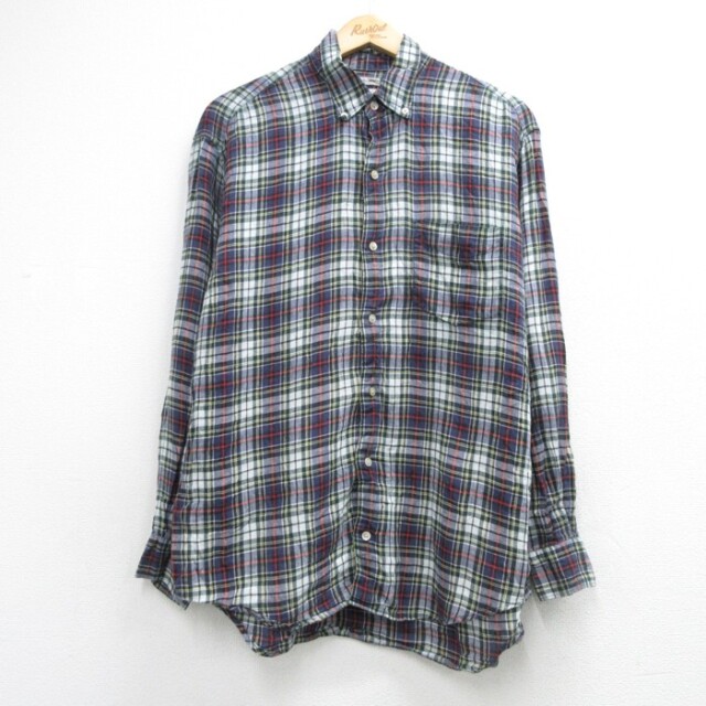 L★古着 BANANA REPUBLIC 長袖 ブランド シャツ メンズ 90年代 90s アイリッシュ リネン タータンチェック ボタンダウン ネイビー【spe】 26oct05
