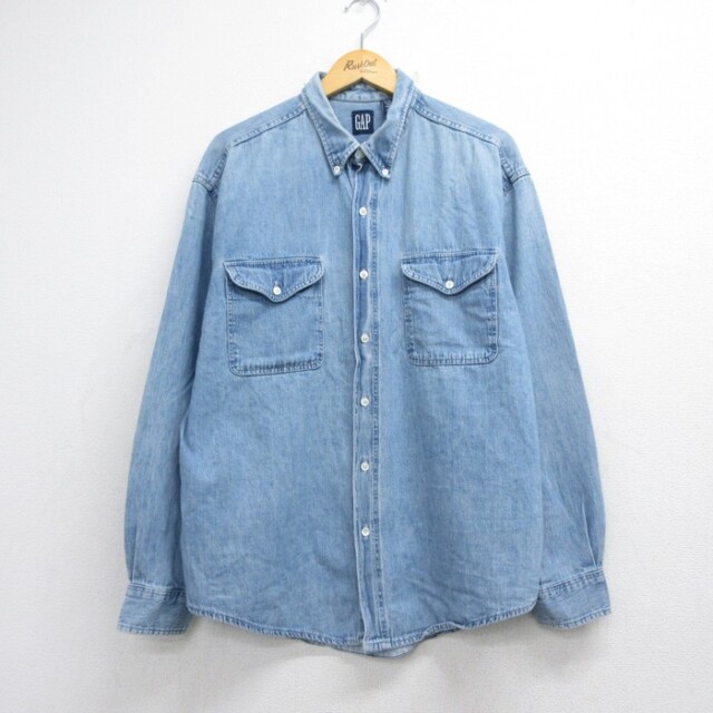 XL★古着 ギャップ GAP 長袖 ブランド シャツ メンズ 90年代 90s フラップポケット コットン ボタンダウン デニム USA製 紺【spe】 26oct05