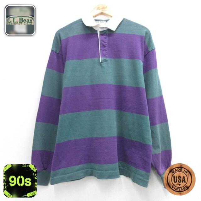 エルエルビーン 90s 長袖ラガーシャツ ボーダー パープル メンズL相当 | 古着