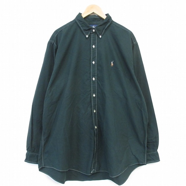 XL★古着 ラルフローレン 長袖 ブランド シャツ メンズ 90年代 90s ワンポイントロゴ オックスフォード 大きいサイズ ロング丈 ボタンダウン グリーン【spe】 26jul07