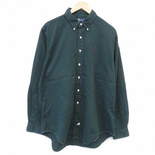 XL★古着 ラルフローレン 長袖 ブランド シャツ メンズ 90年代 90s ワンポイントロゴ 大きいサイズ コットン ボタンダウン グリーン【spe】 26jul23
