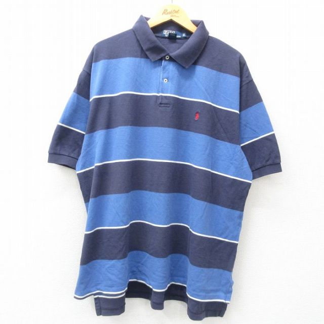 XL★古着 ラルフローレン Ralph Lauren 半袖 ブランド ポロ シャツ メンズ 90年代 90s ワンポイントロゴ 鹿の子 大きいサイズ コットン 紺他 ネイビー ボーダー 【spe】 25apr09 中古 トップス