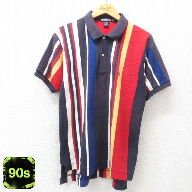 【50%OFF】ノーティカ 90s 半袖ポロシャツ ワンポイントロゴ ネイビーストライプ L | 古着