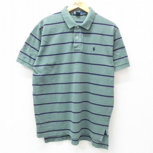 XL★古着 ラルフローレン Ralph Lauren 半袖 ブランド ポロ シャツ メンズ 90年代 90s ワンポイントロゴ コットン 緑系 グリーン ボーダー 25apr16 中古 トップス
