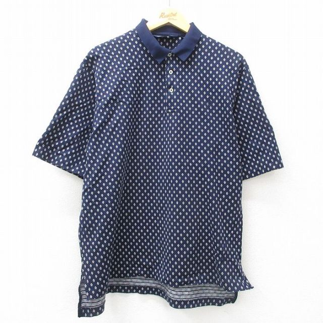 XL★古着 ラルフローレン Ralph Lauren ポロゴルフ 半袖 ブランド ポロ シャツ メンズ 90年代 90s ワンポイントロゴ 総柄 大きいサイズ コットン 濃紺 ネイビー 25apr16 中古 トップス