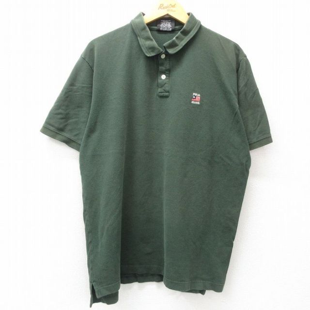 XL★古着 ラルフローレン Ralph Lauren ポロジーンズ 半袖 ブランド ポロ シャツ メンズ ワンポイントロゴ 星条旗 鹿の子 大きいサイズ コットン 緑 グリーン 25apr16 中古 トップス