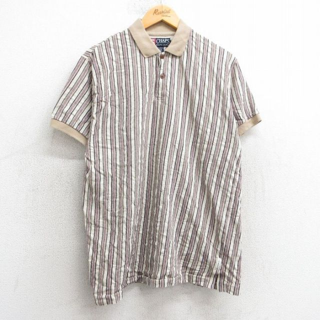 L★古着 ラルフローレン Ralph Lauren チャップス 半袖 ブランド ポロ シャツ メンズ 90年代 90s コットン ベージュ他 カーキ ストライプ 25apr17 中古 トップス