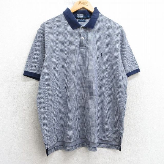 XL★古着 ラルフローレン Ralph Lauren 半袖 ブランド ポロ シャツ メンズ 90年代 90s ワンポイントロゴ 大きいサイズ コットン 紺他 ネイビー チェック 25apr17 中古 トップス