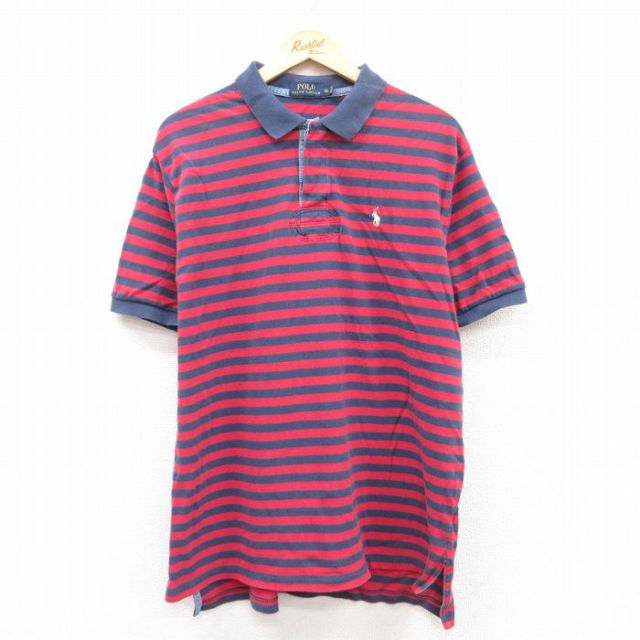 XL★古着 ラルフローレン Ralph Lauren 半袖 ブランド ラガー シャツ メンズ コットン 鹿の子 赤他 レッド ボーダー 25apr24 中古 トップス