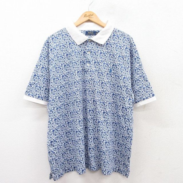 【50%OFF】XL★古着 ラルフローレン Ralph Lauren 半袖 ブランド ポロ シャツ メンズ 花柄 ワンポイントロゴ 大きいサイズ コットン 白他 ホワイト 25apr24 中古 トップス