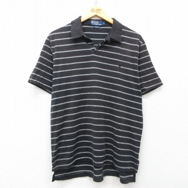 L★古着 ラルフローレン Ralph Lauren 半袖 ブランド ポロ シャツ メンズ 90年代 90s ワンポイントロゴ コットン 黒他 ブラック ボーダー 25apr26 中古 トップス
