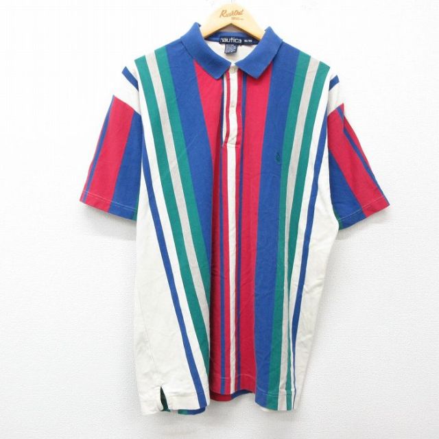 【50%OFF】ノーティカ 90s 半袖ポロシャツ ワンポイントロゴ ブルーストライプ L | 古着