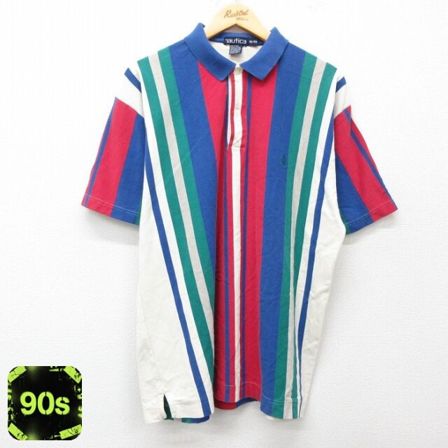 【50%OFF】ノーティカ 90s 半袖ポロシャツ ワンポイントロゴ ブルーストライプ L | 古着