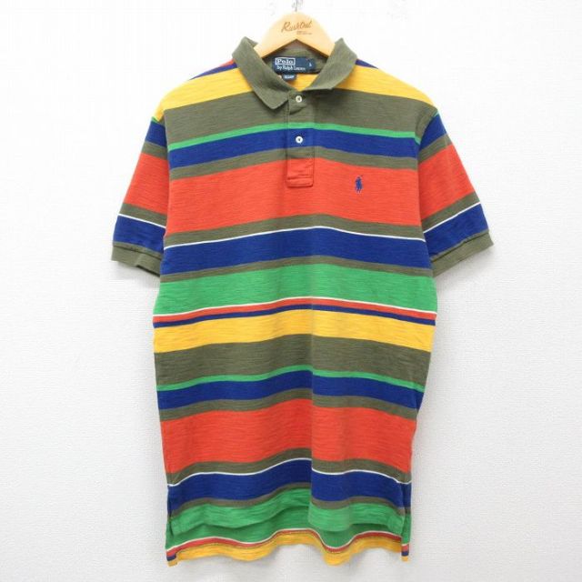 L★古着 ラルフローレン Ralph Lauren 半袖 ブランド ポロ シャツ メンズ 90年代 90s ワンポイントロゴ 鹿の子 マルチカラー コットン 緑他 グリーン ボーダー 25apr26 中古 トップス