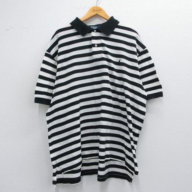【20%OFF】XL★古着 ラルフローレン Ralph Lauren 半袖 ブランド ポロ シャツ メンズ 90年代 90s ワンポイントロゴ 鹿の子 大きいサイズ コットン 黒他 ブラック ボーダー 25apr26 中古 トップス