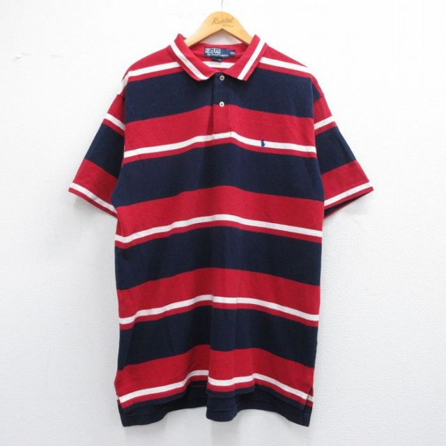 XL★古着 ラルフローレン Ralph Lauren 半袖 ブランド ポロ シャツ メンズ 90年代 90s ワンポイントロゴ 鹿の子 大きいサイズ コットン 赤他 レッド ボーダー 25apr26 中古 トップス