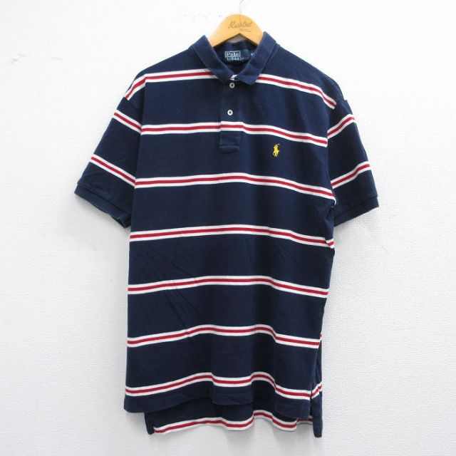 XL★古着 ラルフローレン Ralph Lauren 半袖 ブランド ポロ シャツ メンズ 90年代 90s ワンポイントロゴ 鹿の子 コットン 紺他 ネイビー ボーダー 25apr26 中古 トップス