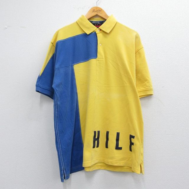 XL★古着 トミーヒルフィガー TOMMY HILFIGER 半袖 ブランド ポロ シャツ メンズ 鹿の子 大きいサイズ ツートンカラー コットン 黄色他 イエロー 【spe】 25apr26 中古 トップス