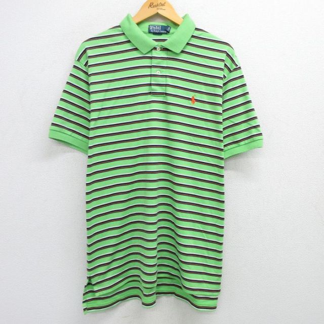 【50%OFF】XL★古着 ラルフローレン Ralph Lauren 半袖 ブランド ポロ シャツ メンズ 90年代 90s ワンポイントロゴ 大きいサイズ コットン 黄緑他 ボーダー 25apr28 中古 トップス