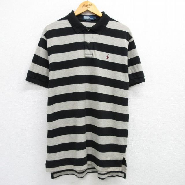 XL★古着 ラルフローレン Ralph Lauren 半袖 ブランド ポロ シャツ メンズ 90年代 90s ワンポイントロゴ ロング丈 黒他 ブラック ボーダー 25apr28 中古 トップス