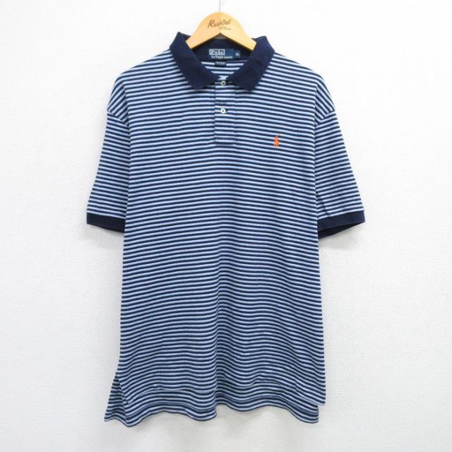 XL★古着 ラルフローレン Ralph Lauren 半袖 ブランド ポロ シャツ メンズ 90年代 90s ワンポイントロゴ 大きいサイズ コットン 紺他 ネイビー ボーダー 25apr28 中古 トップス