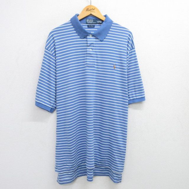 XL★古着 ラルフローレン Ralph Lauren 半袖 ブランド ポロ シャツ メンズ 90年代 90s ワンポイントロゴ ロング丈 コットン 薄紺他 ネイビー 25apr28 中古 トップス