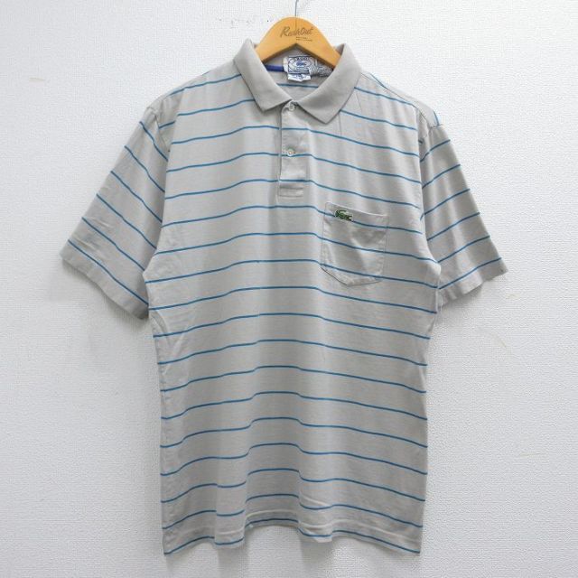 L★古着 ラコステ LACOSTE IZOD 半袖 ブランド ポロ シャツ メンズ 90年代 90s ワンポイントロゴ コットン グレー他 ボーダー 25may16 中古 トップス