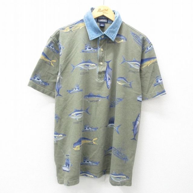 XL★古着 ランズエンド 半袖 ブランド ポロ シャツ メンズ 00年代 00s 魚 総柄 襟デニム 鹿の子 大きいサイズ コットン 緑他 グリーン 【spe】 25may16 中古 トップス