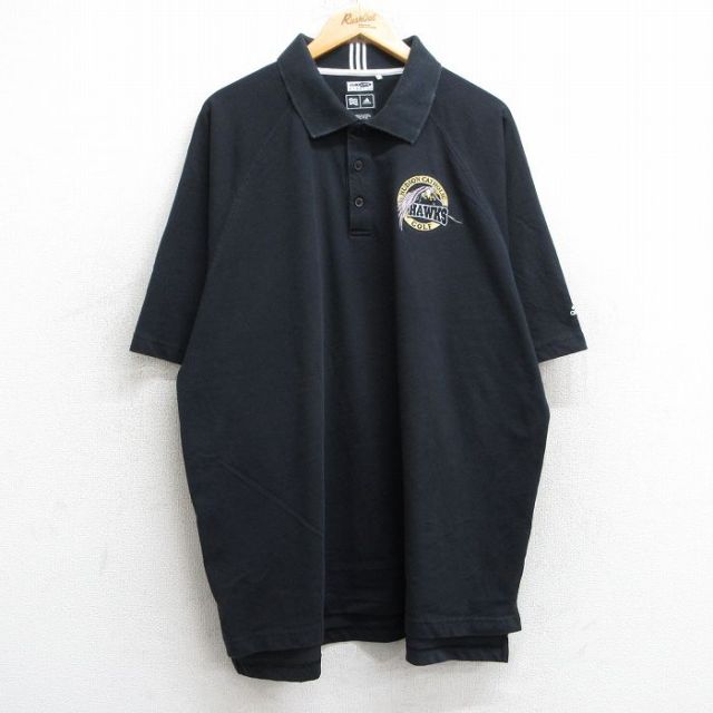 XL★古着 アディダス adidas 半袖 ブランド ポロ シャツ メンズ 鳥 ドルフ HAWKS ラグラン 大きいサイズ ロング丈 黒 ブラック 25may28 中古 トップス