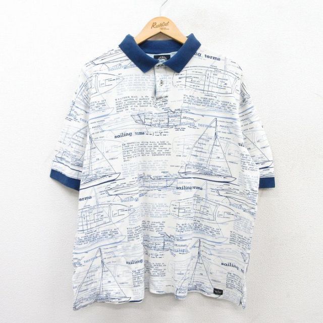 【50%OFF】XL★古着 ドッカーズ 半袖 ブランド ポロ シャツ メンズ 90年代 90s ヨット 総柄 鹿の子 大きいサイズ コットン 白他 ホワイト 25jun02 中古 トップス