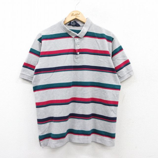 XL★古着 ランズエンド 半袖 ブランド ポロ シャツ メンズ 90年代 90s 鹿の子 大きいサイズ コットン USA製 グレー他 ボーダー 25jun02 中古 トップス