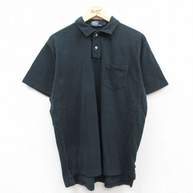 XL★古着 ラルフローレン Ralph Lauren 半袖 ブランド ポロ シャツ メンズ 90年代 90s ワンポイントロゴ 裾ロゴ 鹿の子 コットン 黒 ブラック 25jun02 中古 トップス