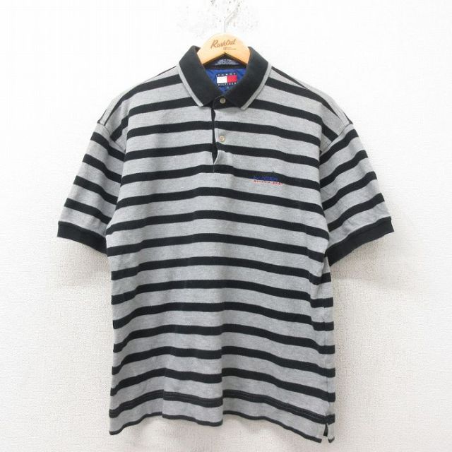 XL★古着 トミーヒルフィガー TOMMY HILFIGER 半袖 ブランド ポロ シャツ メンズ 90年代 90s ワンポイントロゴ 鹿の子 コットン グレー ボーダー 25jun04 中古 トップス