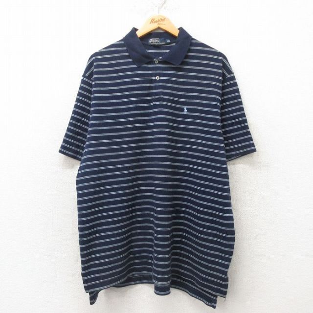 XL★古着 ラルフローレン Ralph Lauren 半袖 ブランド ポロ シャツ メンズ ワンポイントロゴ 大きいサイズ コットン 紺 ネイビー ボーダー 25jun04 中古 トップス