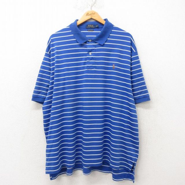 【50%OFF】XL★古着 ラルフローレン Ralph Lauren 半袖 ブランド ポロ シャツ メンズ ワンポイントロゴ 大きいサイズ コットン 青 ブルー ボーダー 25jun04 中古 トップス