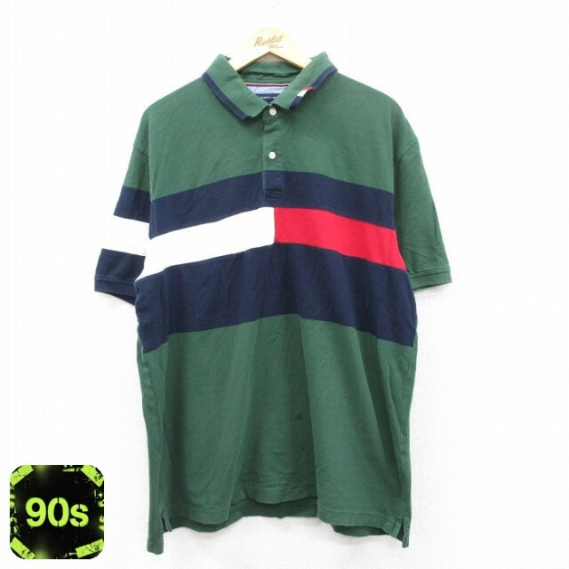 【50%OFF】トミーヒルフィガー 90s 半袖ポロシャツ 鹿の子 グリーン XL | 古着