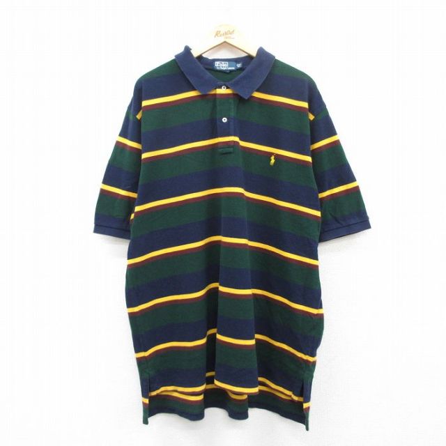 XL★古着 ラルフローレン Ralph Lauren 半袖 ブランド ポロ シャツ メンズ 90年代 90s ワンポイントロゴ 鹿の子 大きいサイズ ロング丈 コットン 紺他 ネイビー ボーダー 25jun05 中古 トップス