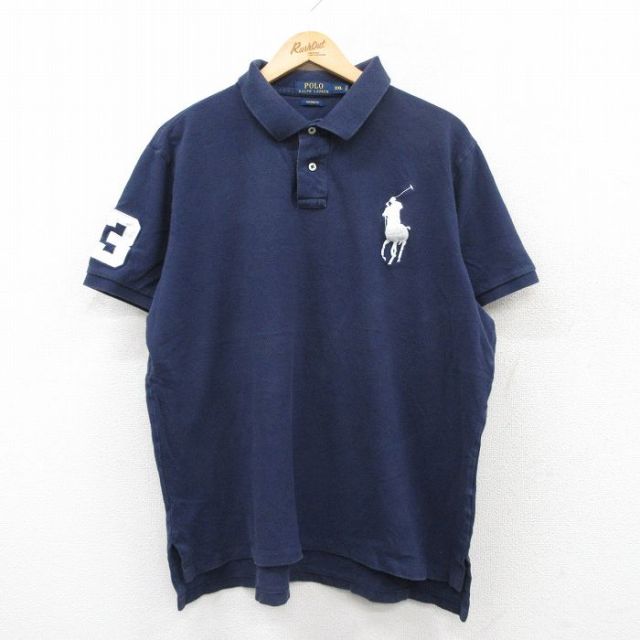 XL★古着 ラルフローレン Ralph Lauren 半袖 ブランド ポロ シャツ メンズ ビッグポニー 鹿の子 大きいサイズ コットン 紺 ネイビー 25jun05 中古 トップス
