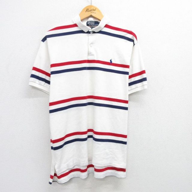 XL★古着 ラルフローレン Ralph Lauren 半袖 ブランド ポロ シャツ メンズ 90年代 90s ワンポイントロゴ 大きいサイズ コットン USA製 白他 ホワイト ボーダー 25jun06 中古 トップス