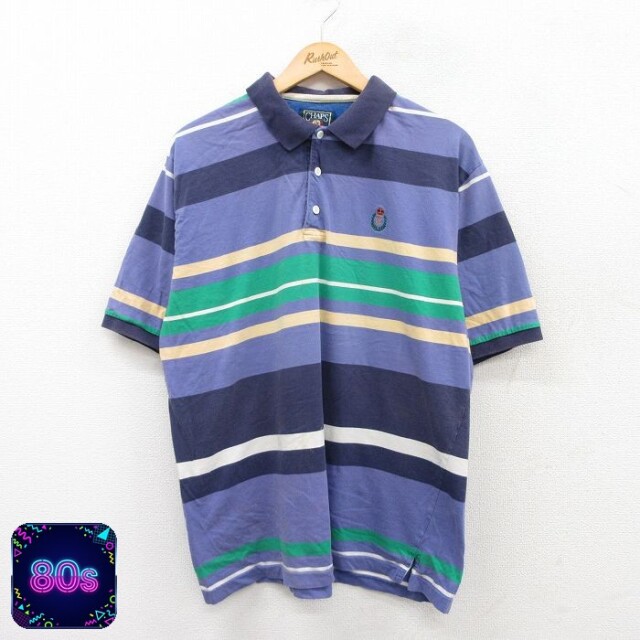 【50%OFF】ラルフローレン 80s 半袖ポロシャツ ワンポイントロゴ ネイビーボーダー XL | 古着